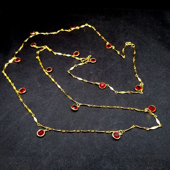 Vintage Red Crystal Dangle Necklace, 50 Inches Length, 1970s - Picture 7 of 10
